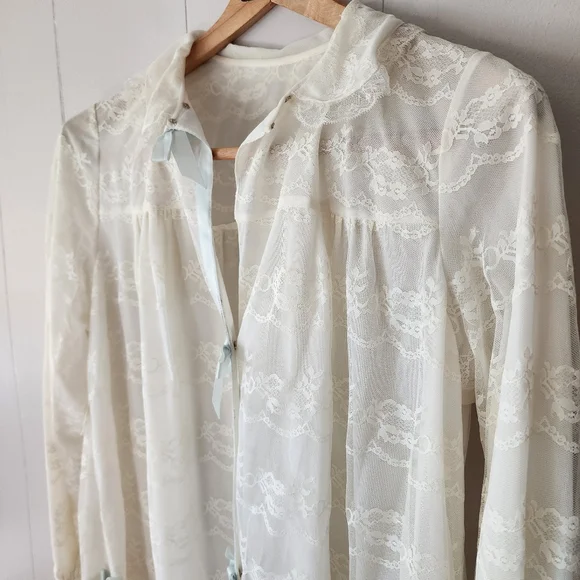 Vintage Odette Barsa Ivory Lace Peignoir Robe 1950s Sheer Blue Ribbon - Picture 15 of 15